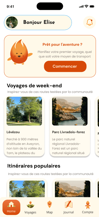 Écran d'accueil de l'application Emberway : idées de voyages de week-end et itinéraires populaires