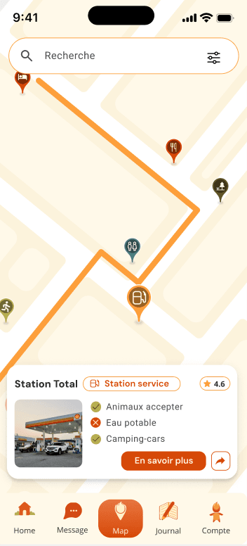Écran carte de l'application Emberway : itinéraire et fiche d'une station-service