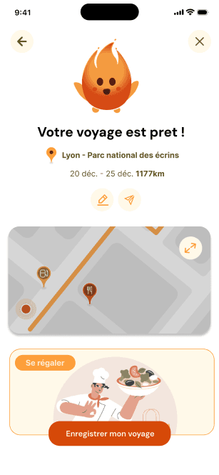 Écran de l'application Emberway : voyage Lyon – Parc national des Écrins prêt à être enregistré