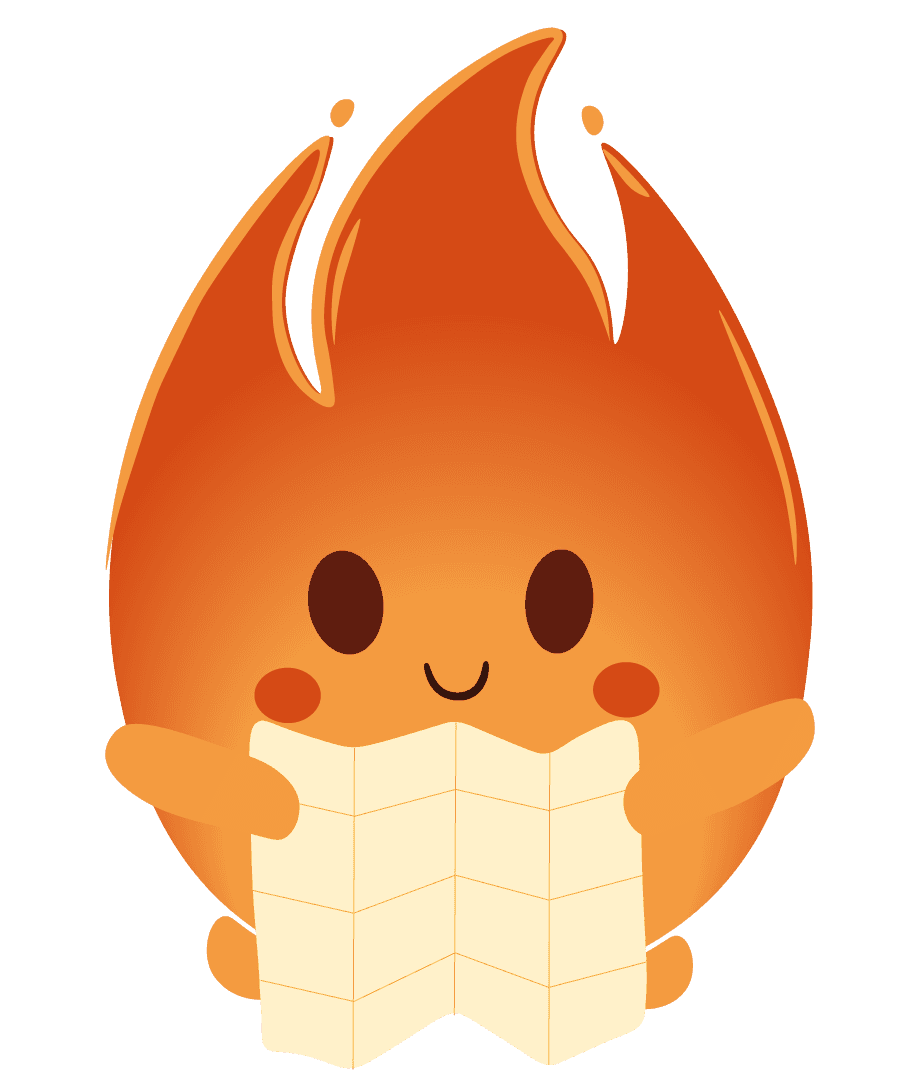 Ember, la mascotte d'Emberway, qui lit une carte